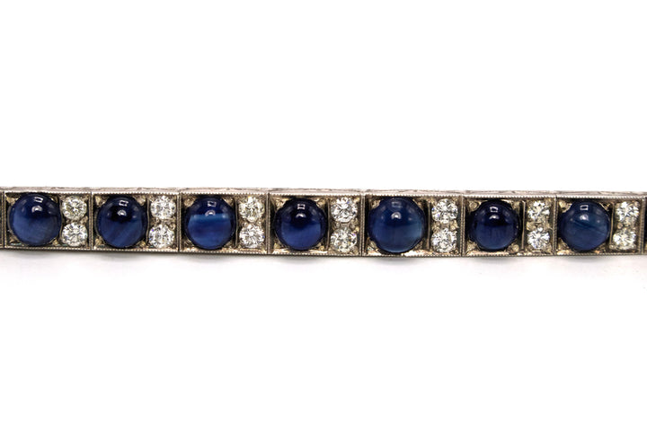 Art Deco Diamond and Cabochon Sapphire Link Bracelet in White Gold