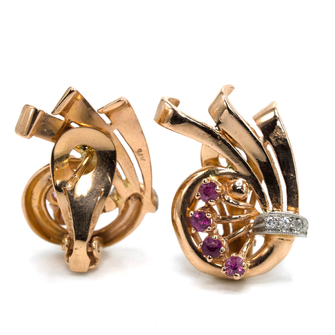 Retro Yellow Gold Pink Tourmaline and Diamond Spiral Earrings with Lever Backs