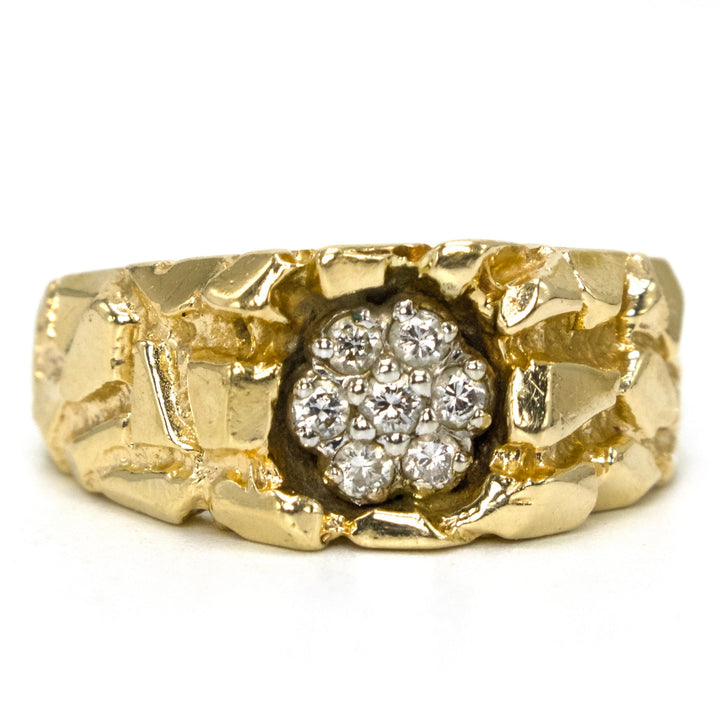 Estate 14K Yellow Gold Nugget Style Ring with Diamond Cluster at its Center