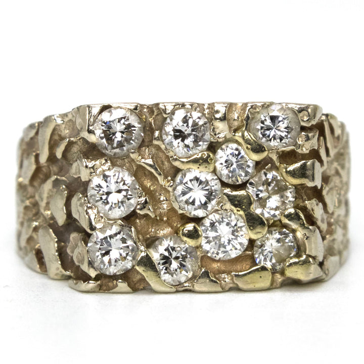 14K White Gold Nugget Style Gents Ring with 0.75 Carat of Diamonds