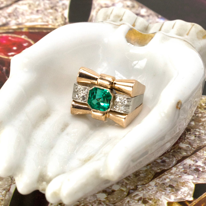 Rose Gold and Platinum Retro Tank Ring with 2.36 Carat Natural Emerald and Accent Diamonds