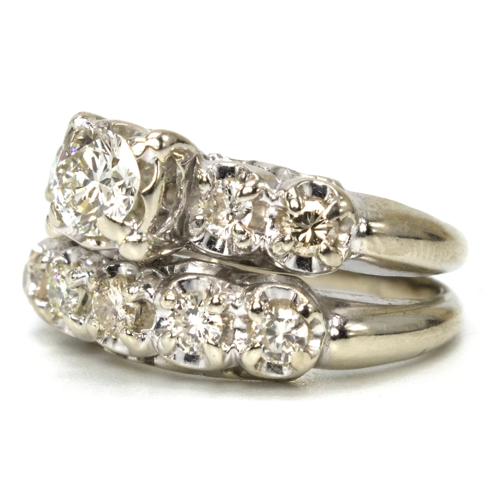 Vintage Bridal Set with Diamond Accented Solitaire and Soldered Wedding Band