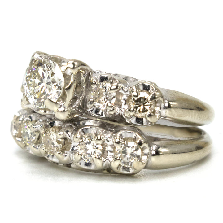 Vintage Bridal Set with Diamond Accented Solitaire and Soldered Wedding Band