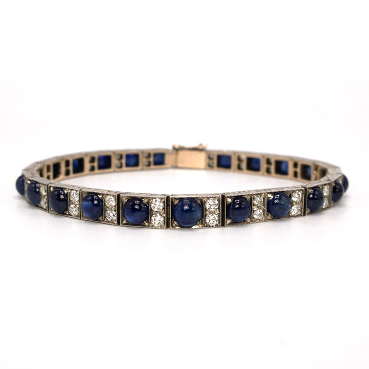 Art Deco Diamond and Cabochon Sapphire Link Bracelet in White Gold