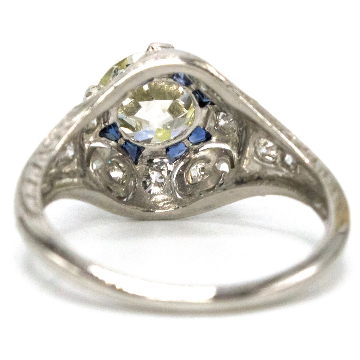 Art Deco Platinum Engagement Ring with 1.34 Carat Old European Cut Diamond and Accent Sapphires