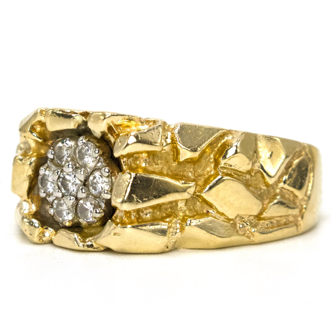 Estate 14K Yellow Gold Nugget Style Ring with Diamond Cluster at its Center