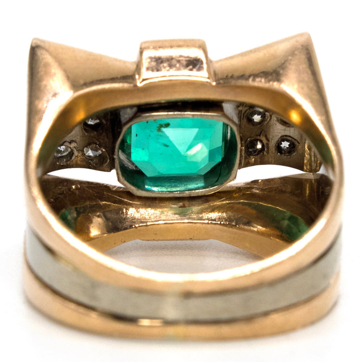 Rose Gold and Platinum Retro Tank Ring with 2.36 Carat Natural Emerald and Accent Diamonds