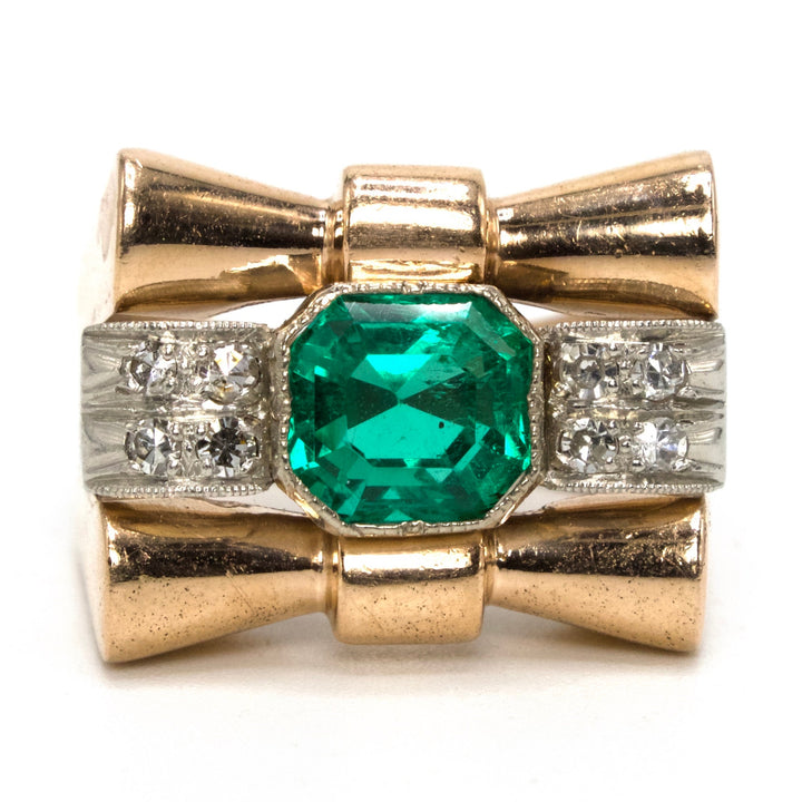 Rose Gold and Platinum Retro Tank Ring with 2.36 Carat Natural Emerald and Accent Diamonds