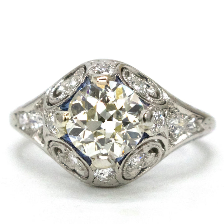 Art Deco Platinum Engagement Ring with 1.34 Carat Old European Cut Diamond and Accent Sapphires