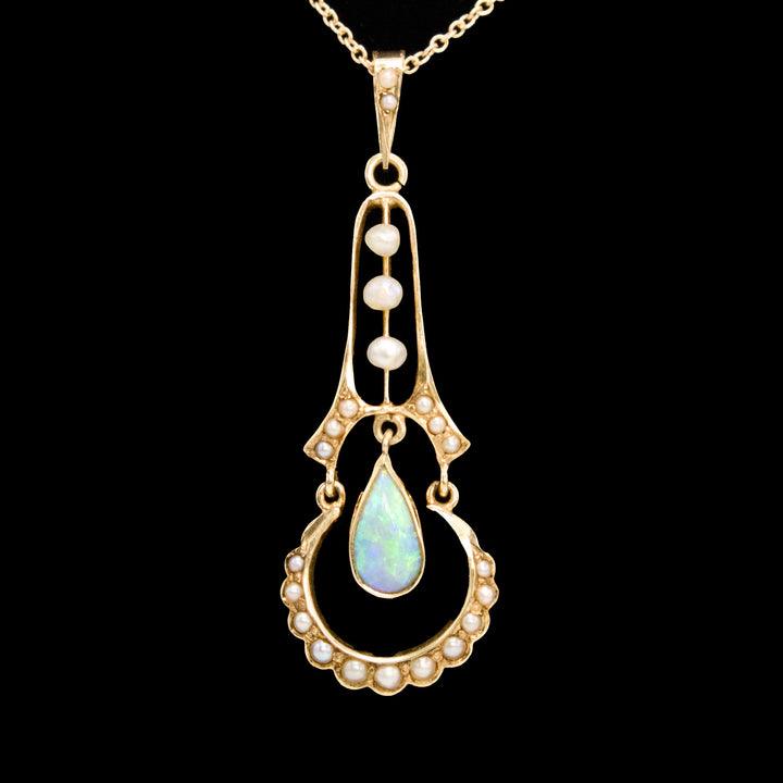 Delicate Victorian Opal and Seed Pearl Yellow Gold Pendant Necklace