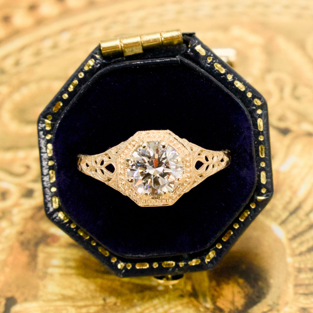 Edwardian Style Yellow Gold Filigree Solitaire with GIA 1.00 Carat Natural Diamond