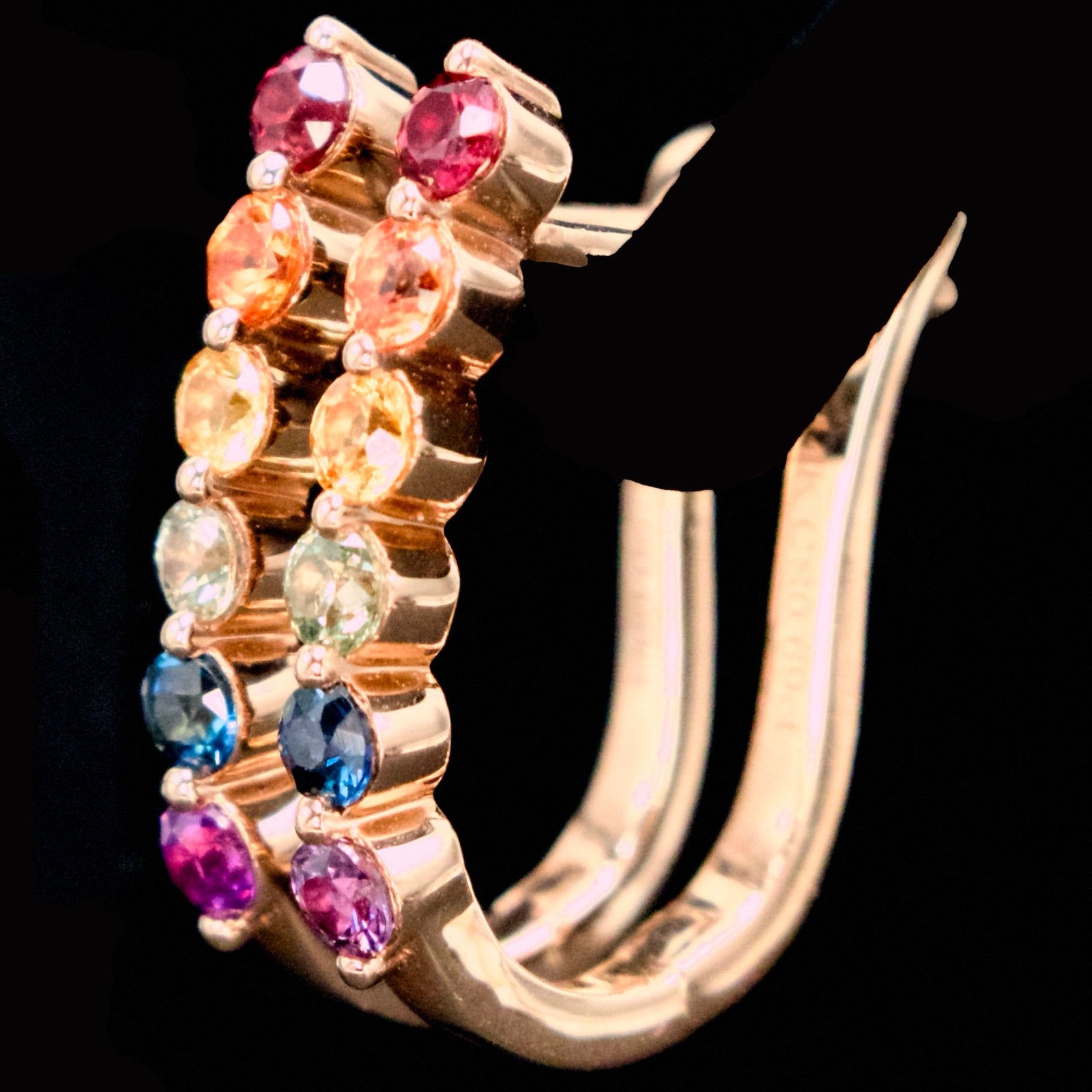 Small Rainbow Sapphire and Rose Gold Drop Earrings with Latch Backs