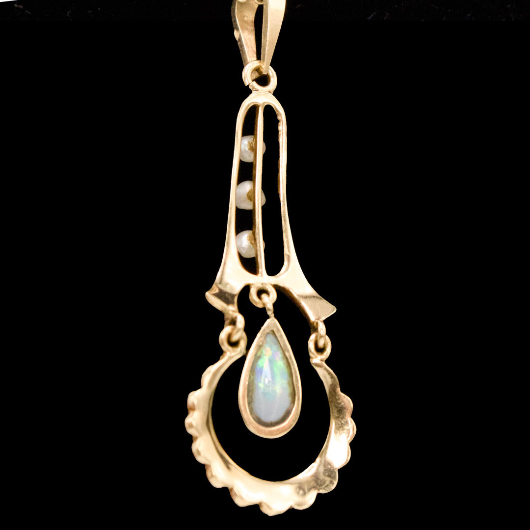 Delicate Victorian Opal and Seed Pearl Yellow Gold Pendant Necklace