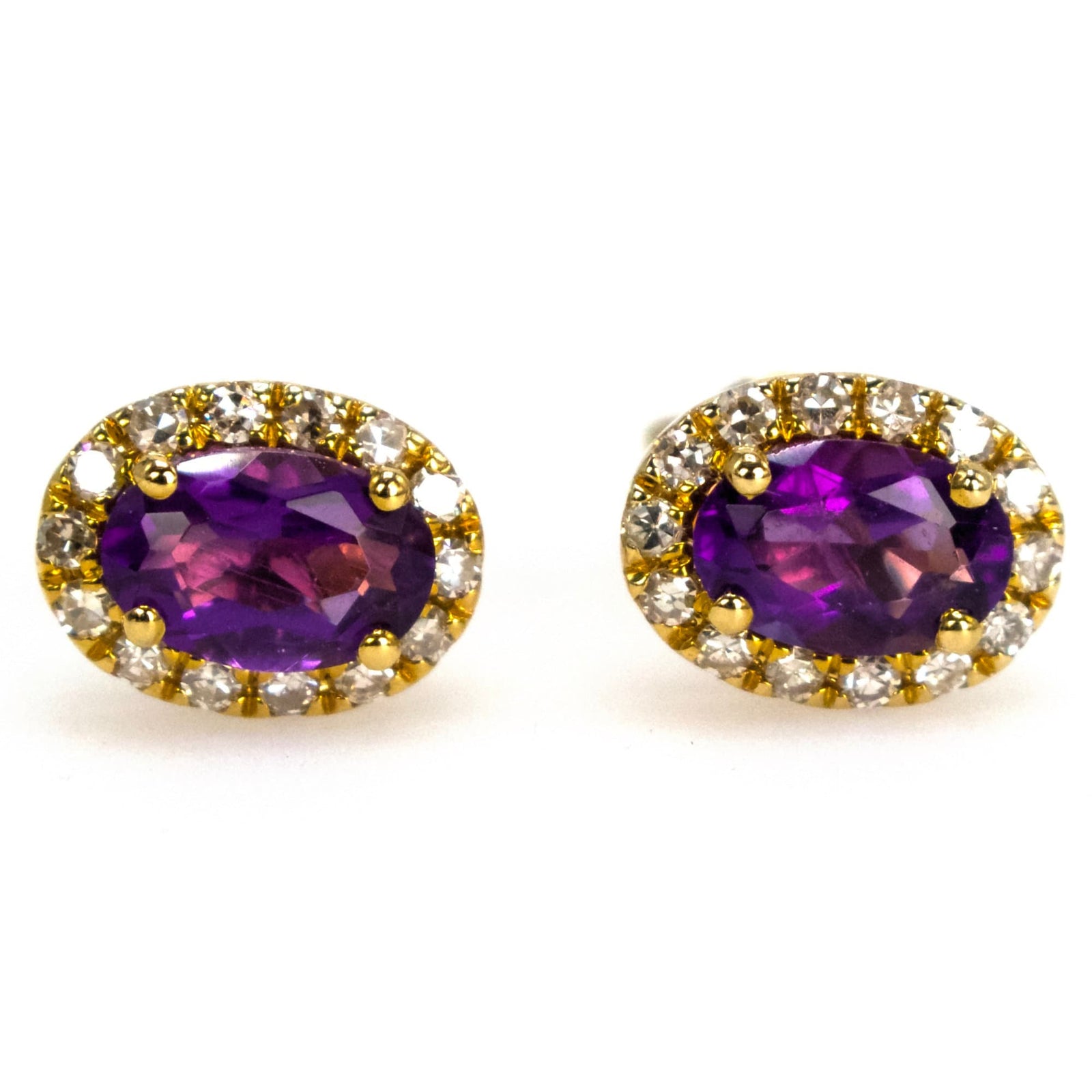 Oval Deep Purple Amethyst Stud Earrings with Diamond Halo in Yellow Gold