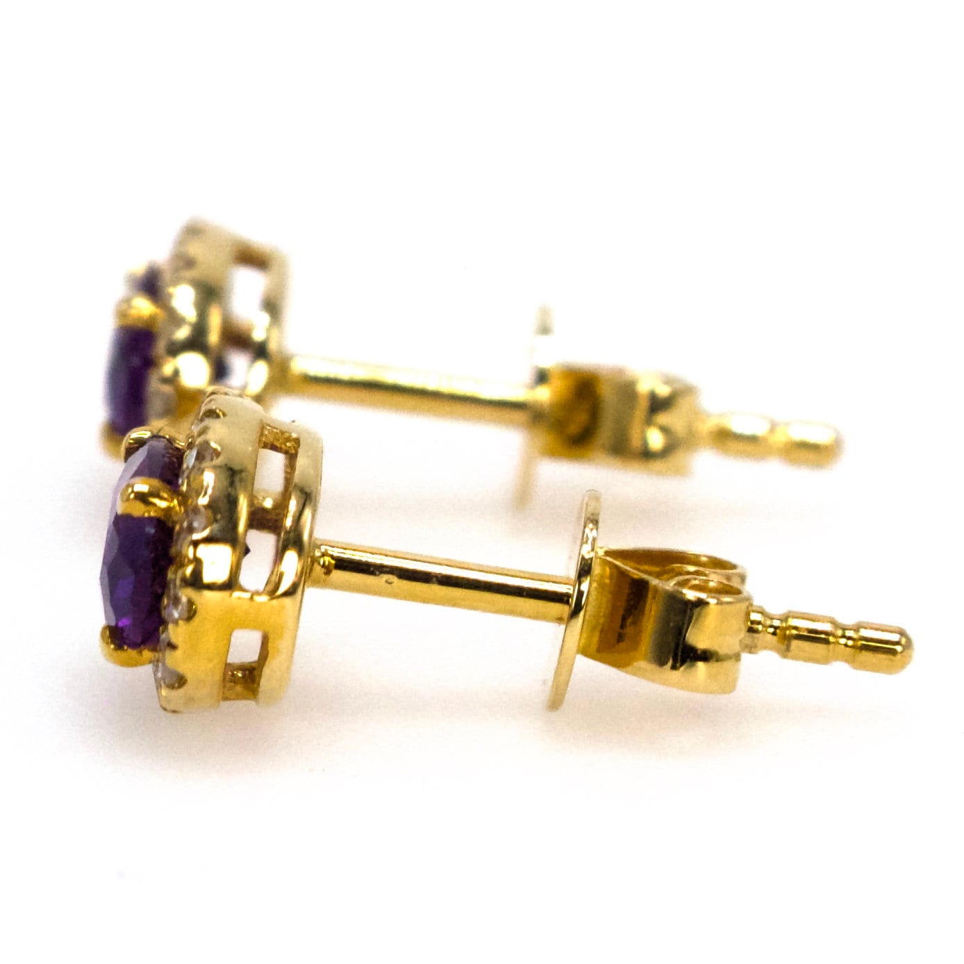 Oval Deep Purple Amethyst Stud Earrings with Diamond Halo in Yellow Gold