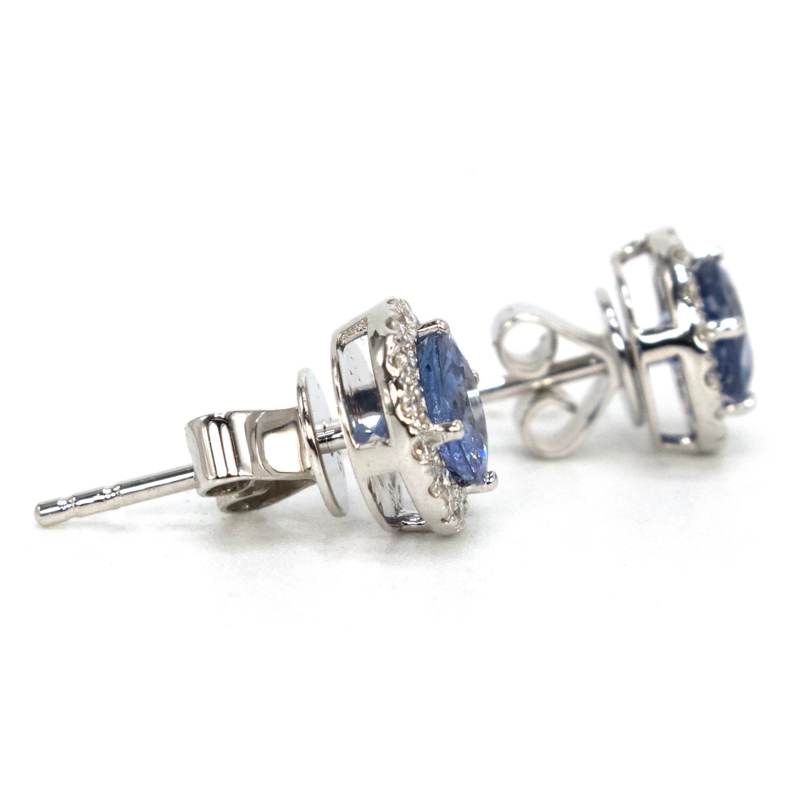 14K White Gold and Light Blue Sapphire and Diamond Halo Stud Earrings
