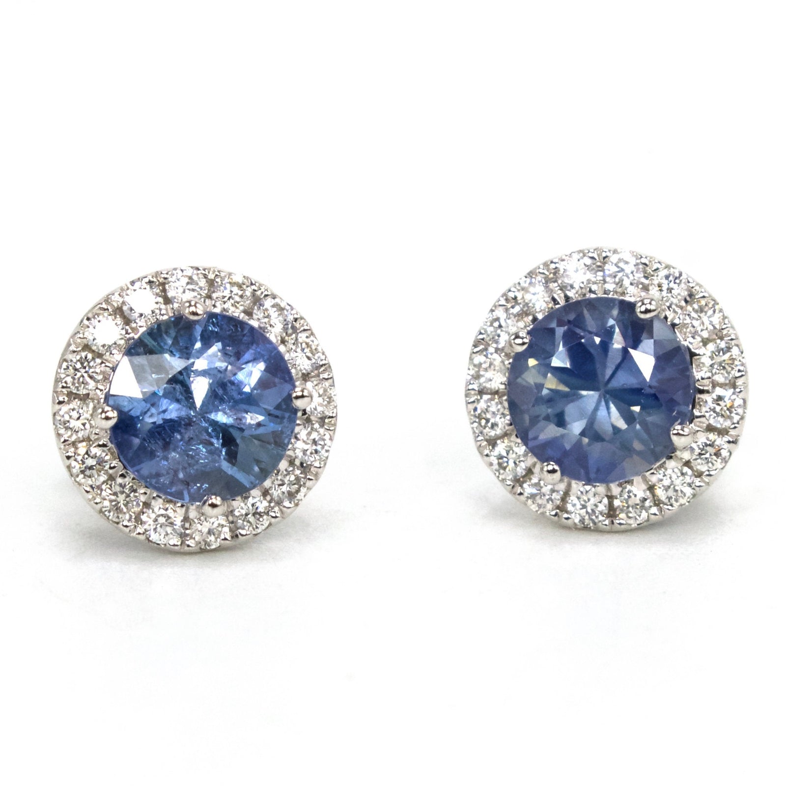 14K White Gold and Light Blue Sapphire and Diamond Halo Stud Earrings