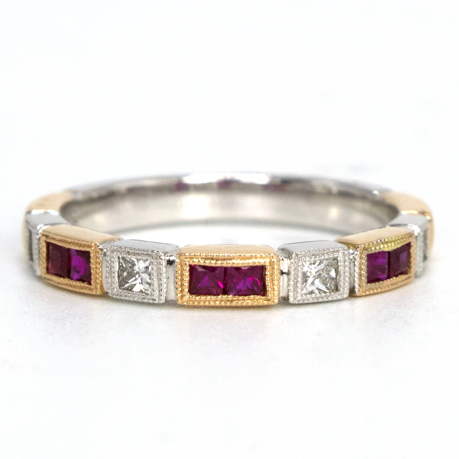 Princess Cut Ruby and Diamond Two Tone Rose and White Gold Wedding Band