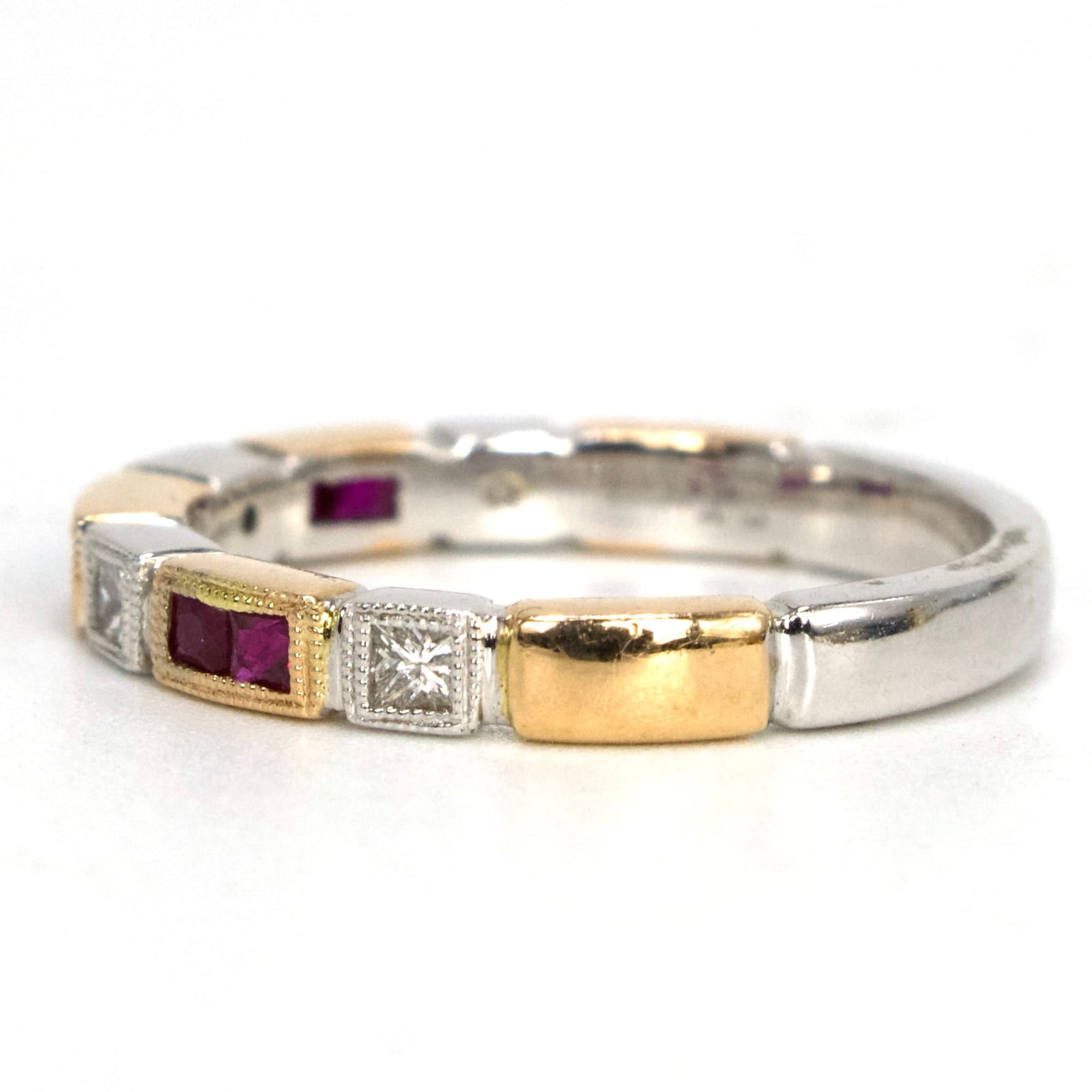 Princess Cut Ruby and Diamond Two Tone Rose and White Gold Wedding Band