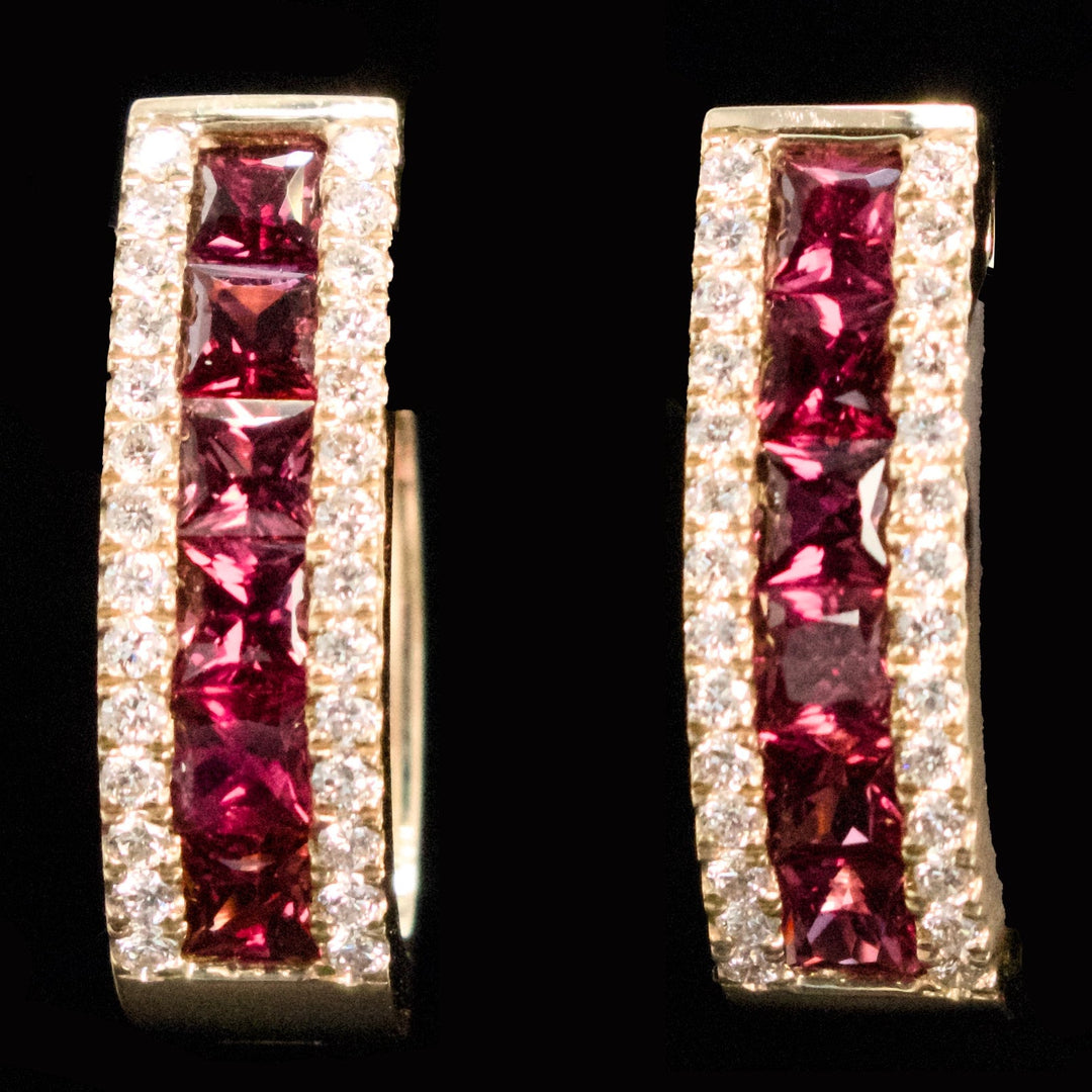 Ruby and Diamond 14K Yellow Gold Latch Back Hoop Earrings