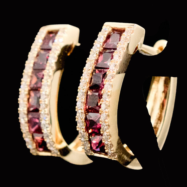 Ruby and Diamond 14K Yellow Gold Latch Back Hoop Earrings