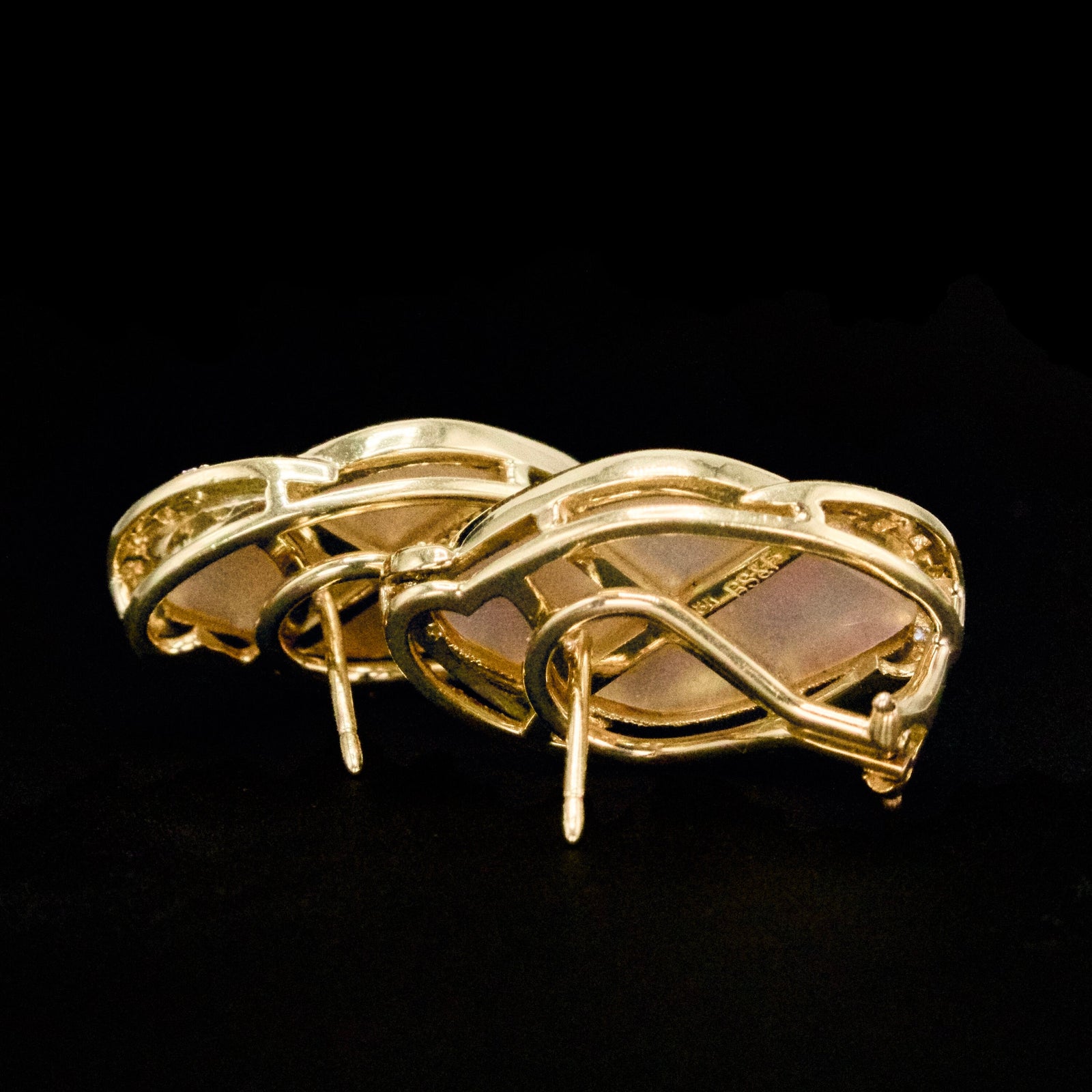 Vintage Black Starr & Frost Marquise Shaped Mabe Pearl Earrings in Gold with Diamonds