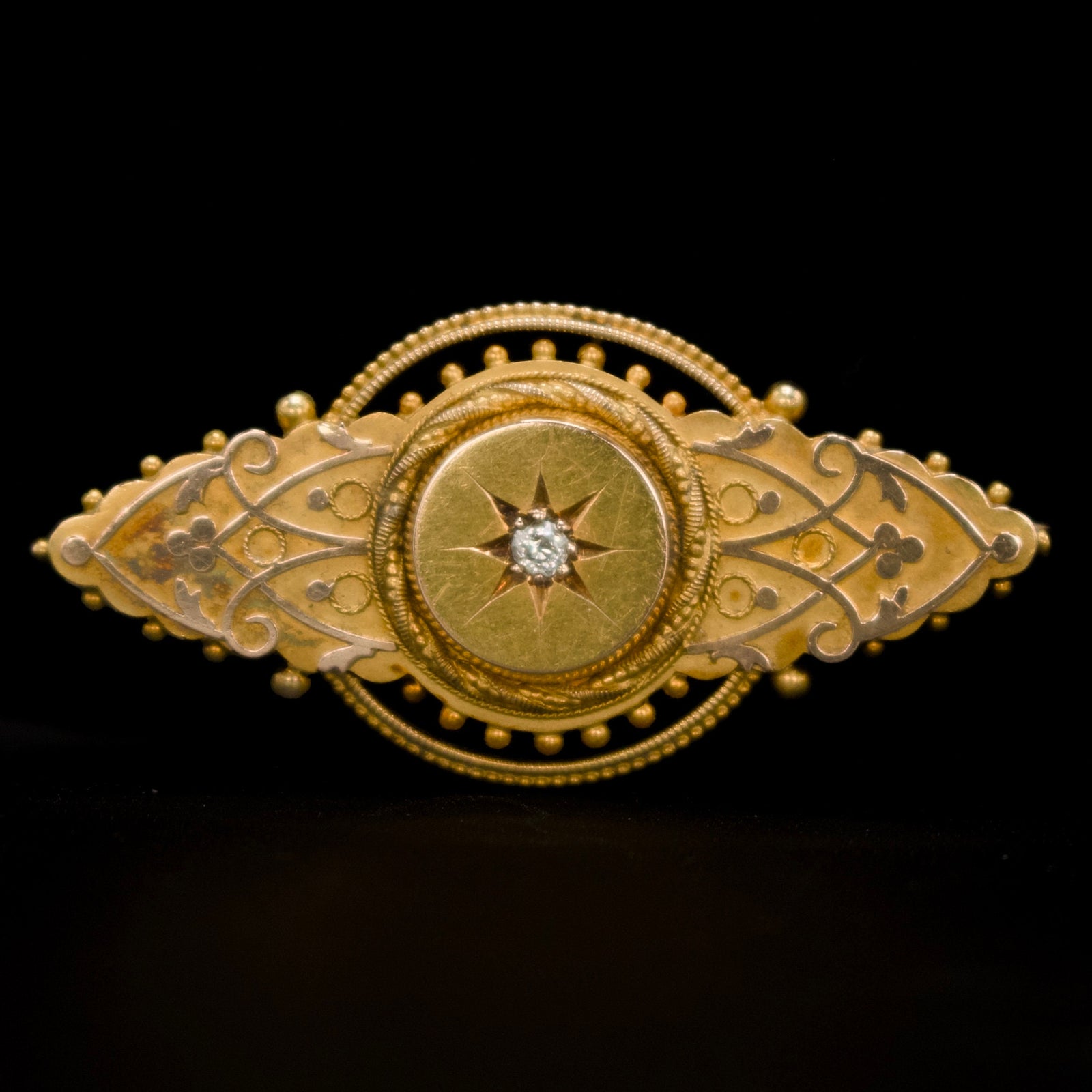 Etruscan Revival Brooch with Gold Granulation and Old European Cut Diamond Set in Star