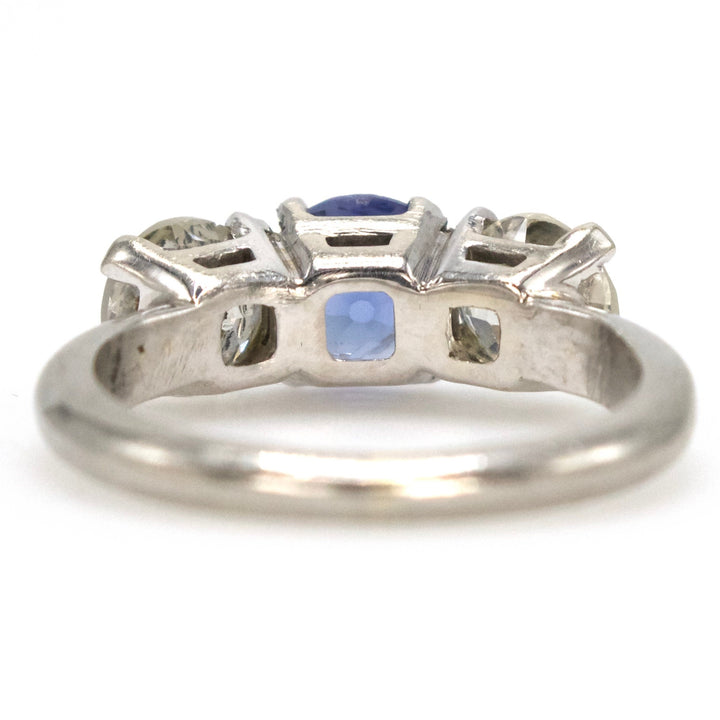 European Cut Diamond and Blue Sapphire Three Stone Ring in Platinum