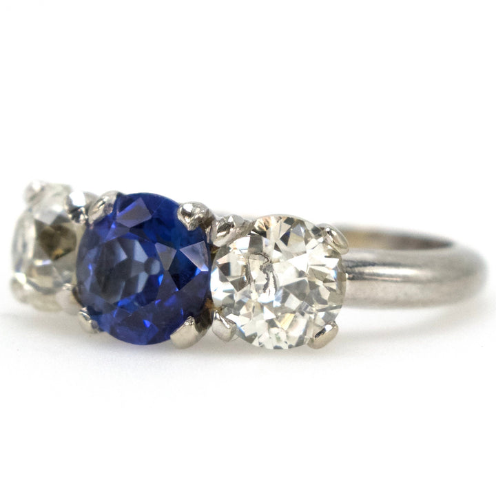 European Cut Diamond and Blue Sapphire Three Stone Ring in Platinum