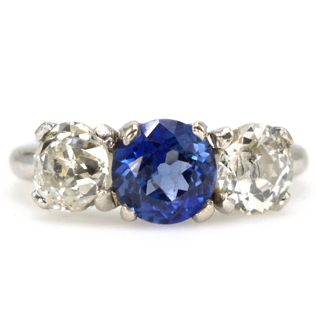 European Cut Diamond and Blue Sapphire Three Stone Ring in Platinum