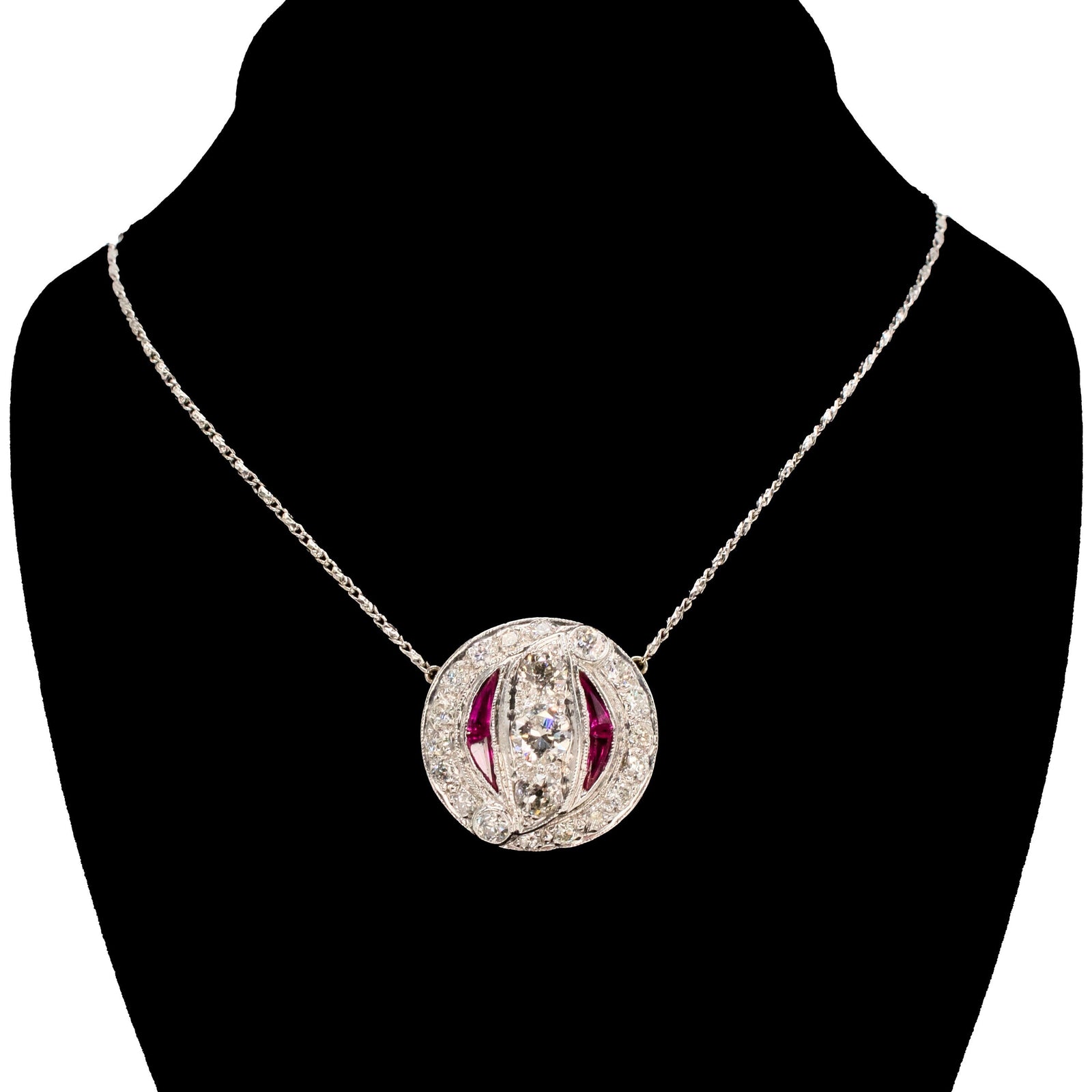 Art Deco Fixed Station Round Diamond and Ruby Platinum Pendant Necklace
