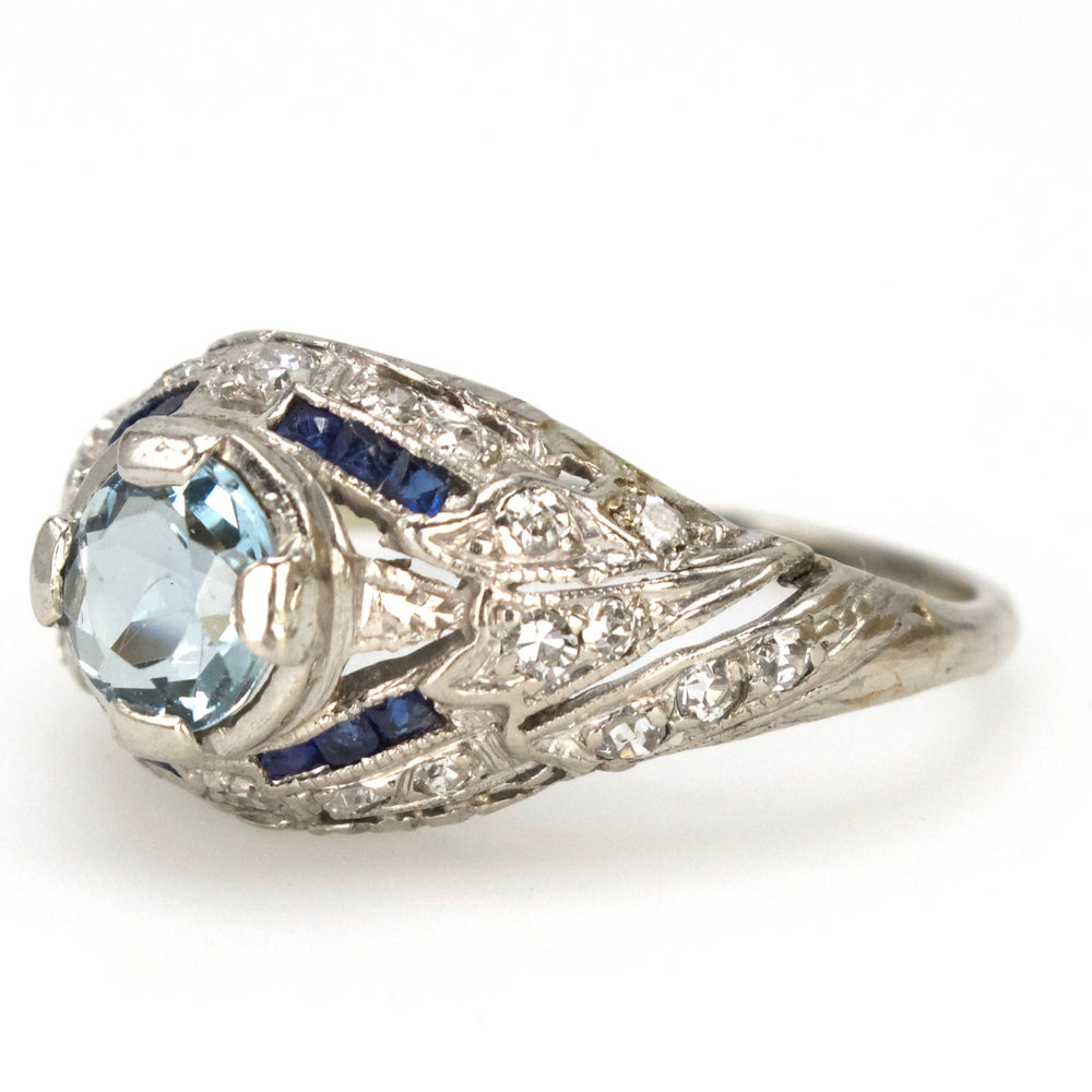 Antique Art Deco Aquamarine, Diamond, and Sapphire Filigree Platinum Ring