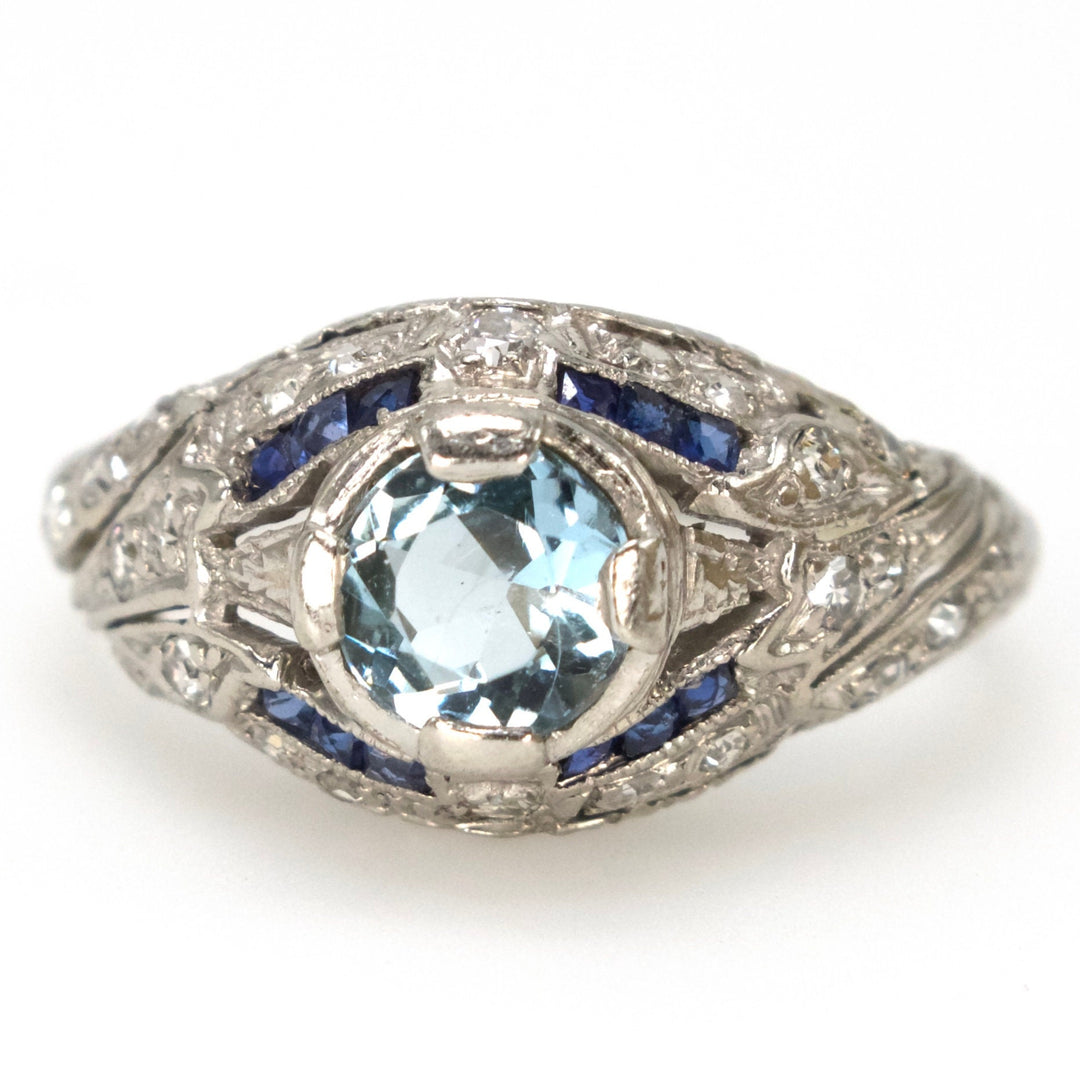 Antique Art Deco Aquamarine, Diamond, and Sapphire Filigree Platinum Ring