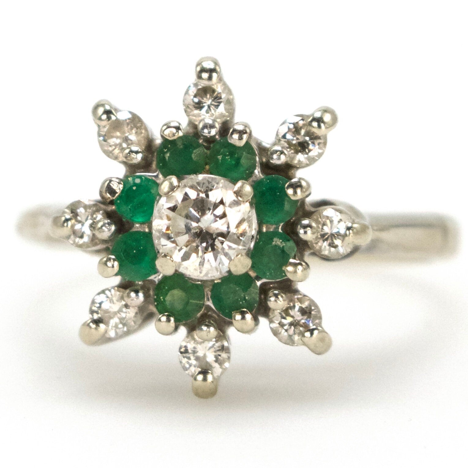 Vintage ODI White Gold Diamond and Emerald Floral Cluster Ring