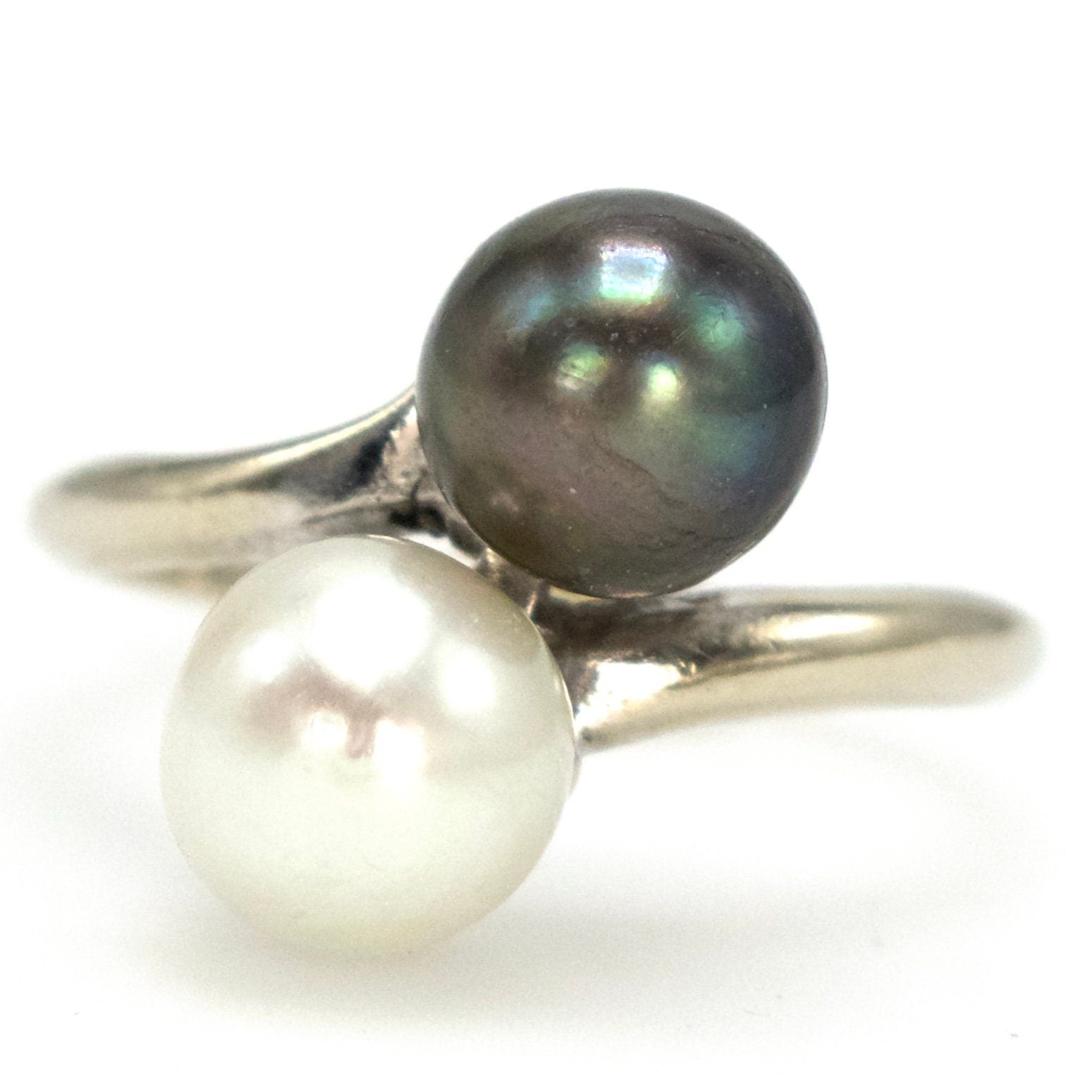 Vintage Black and White Akoya Pearl Bypass Ring in White Gold