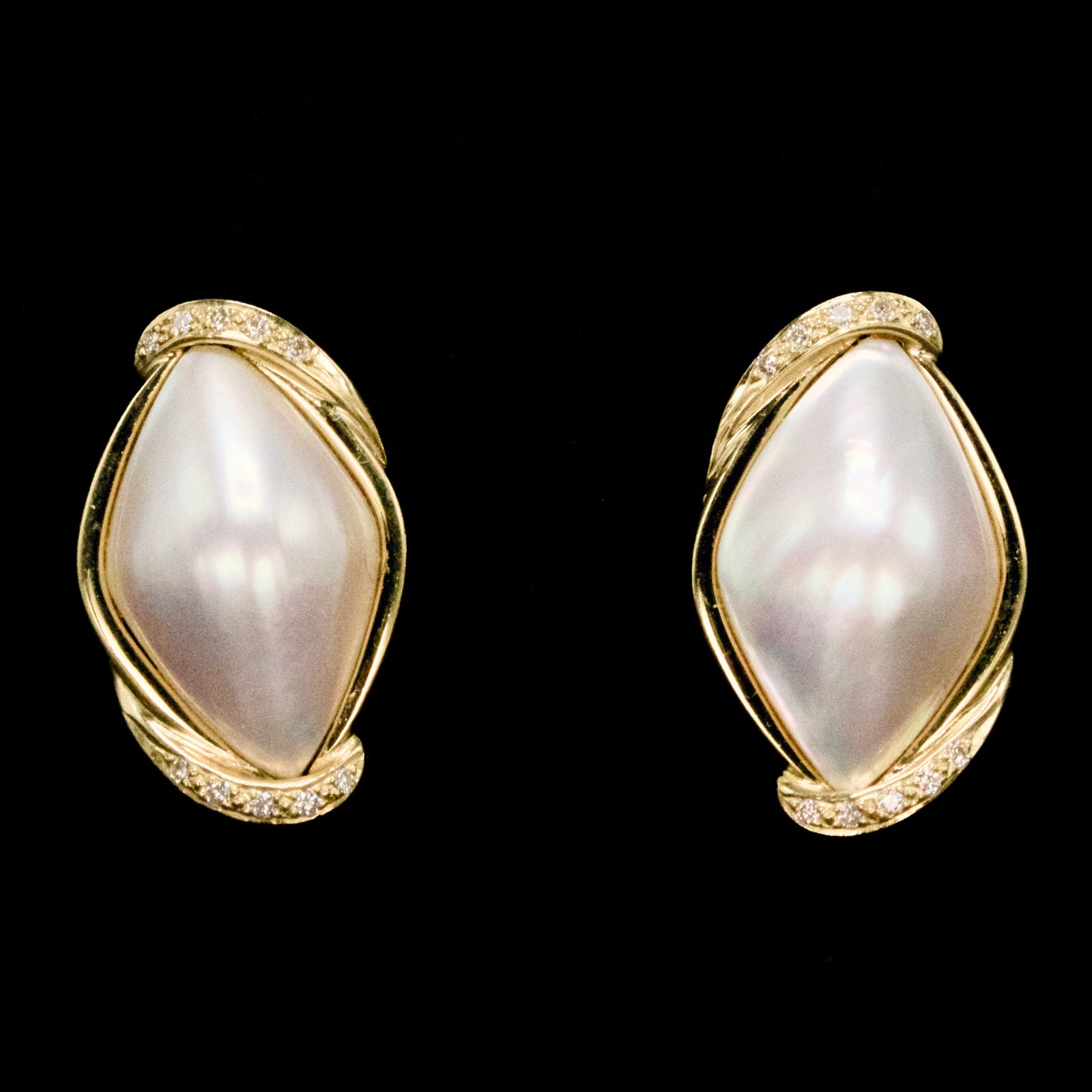 Vintage Black Starr & Frost Marquise Shaped Mabe Pearl Earrings in Gold with Diamonds