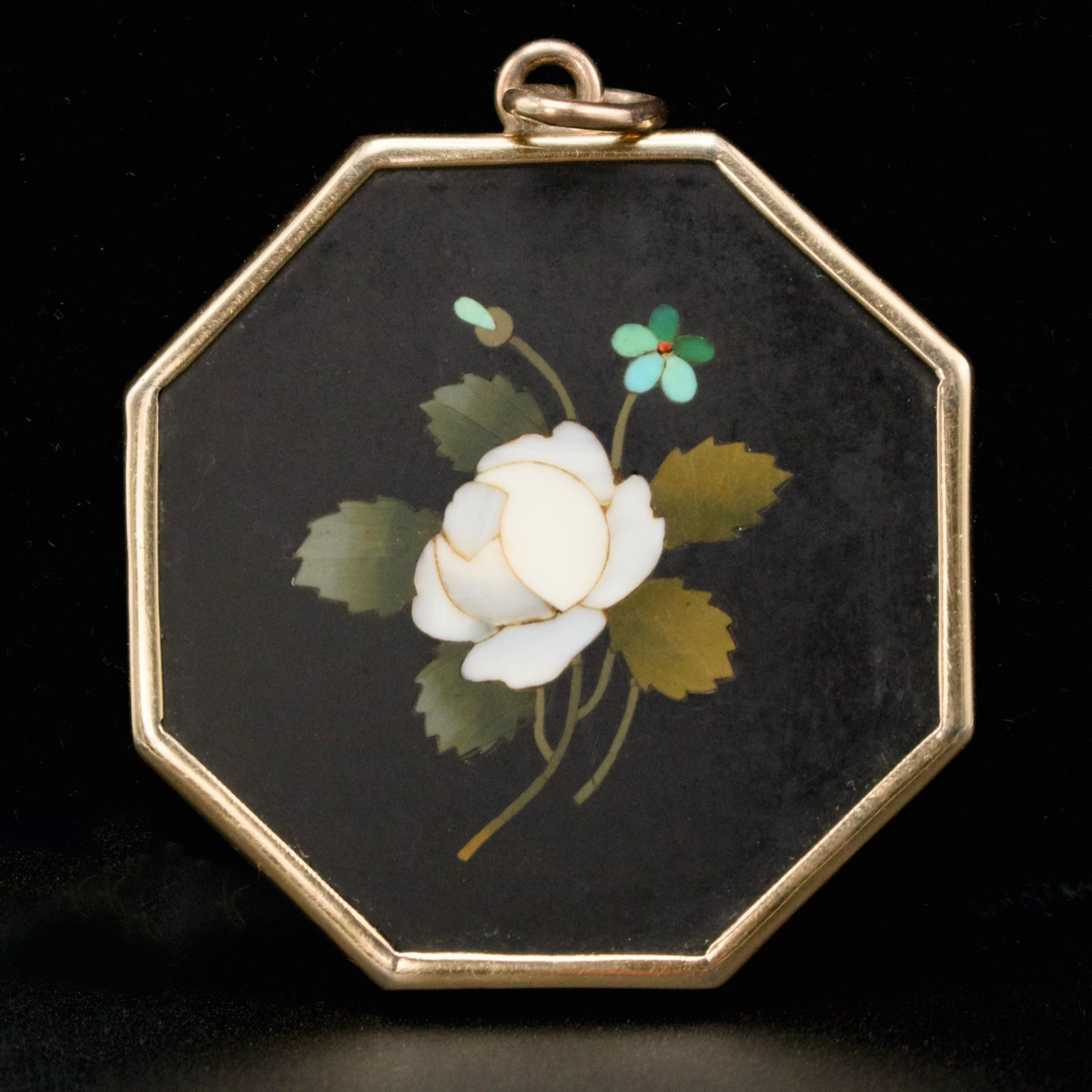 Large Victorian Octagonal Pietra Dura Pendant with Blossoming Flower in 14 Karat Gold
