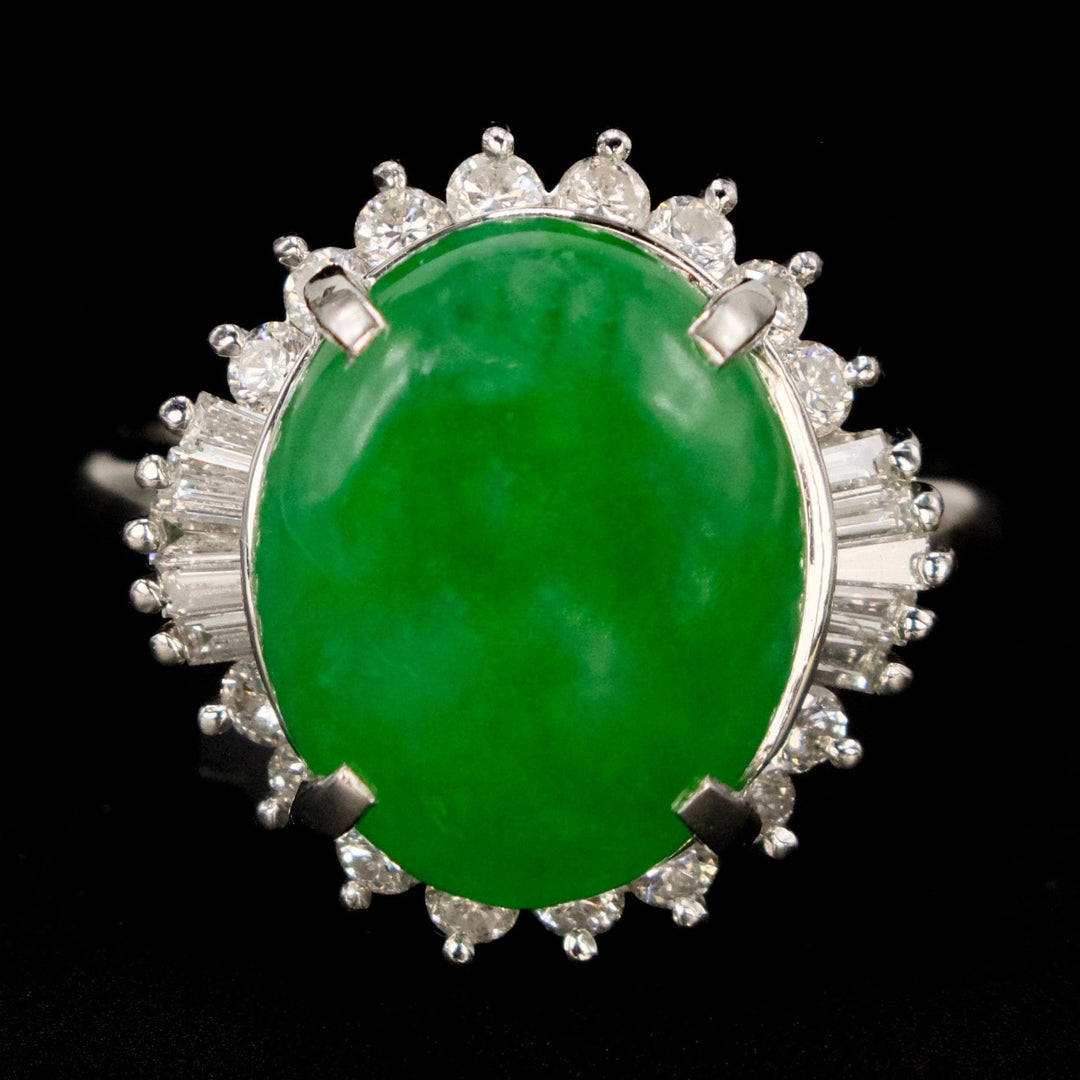 GIA Oval Jadeite Jade Platinum Ring with Round and Baguette Diamond Halo