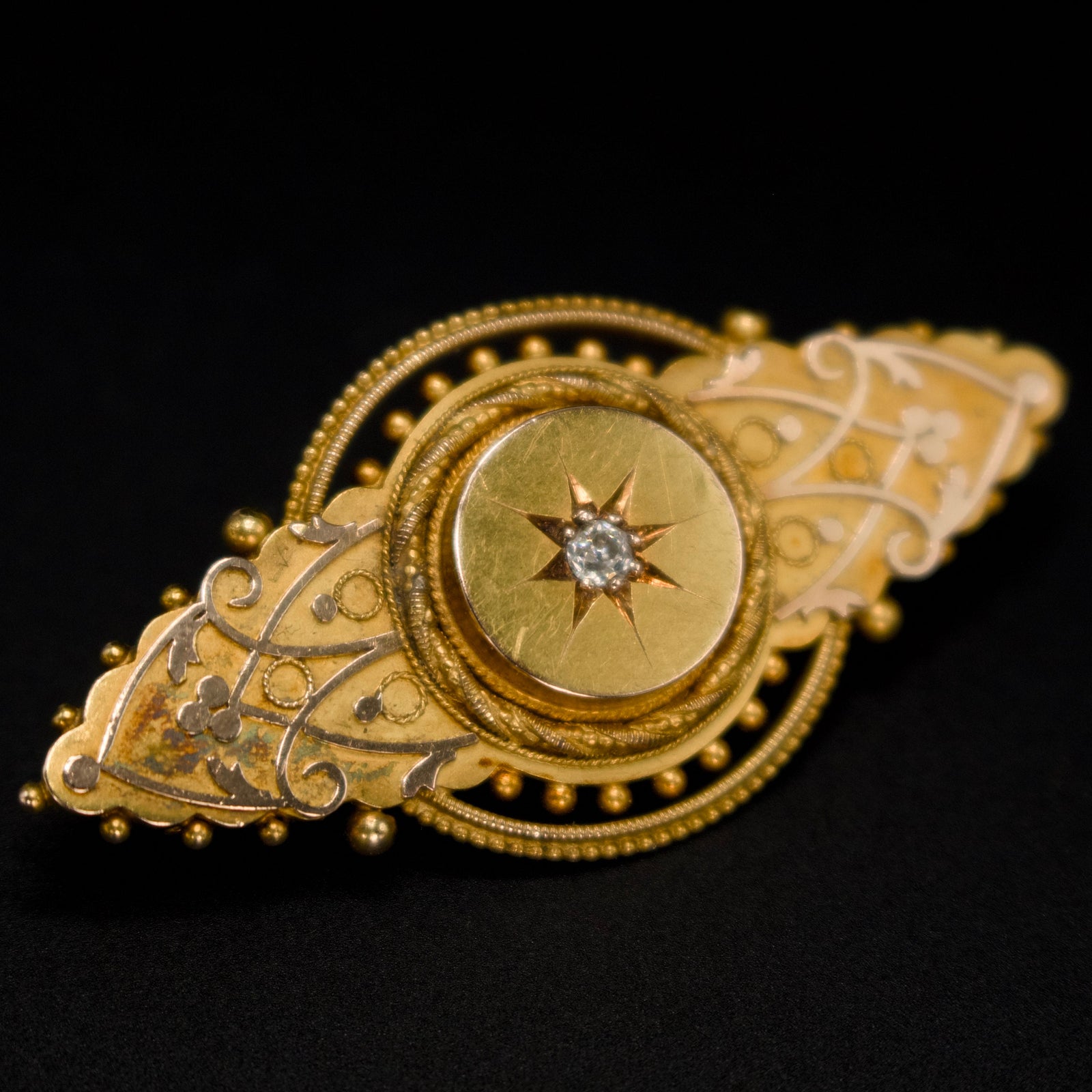 Etruscan Revival Brooch with Gold Granulation and Old European Cut Diamond Set in Star