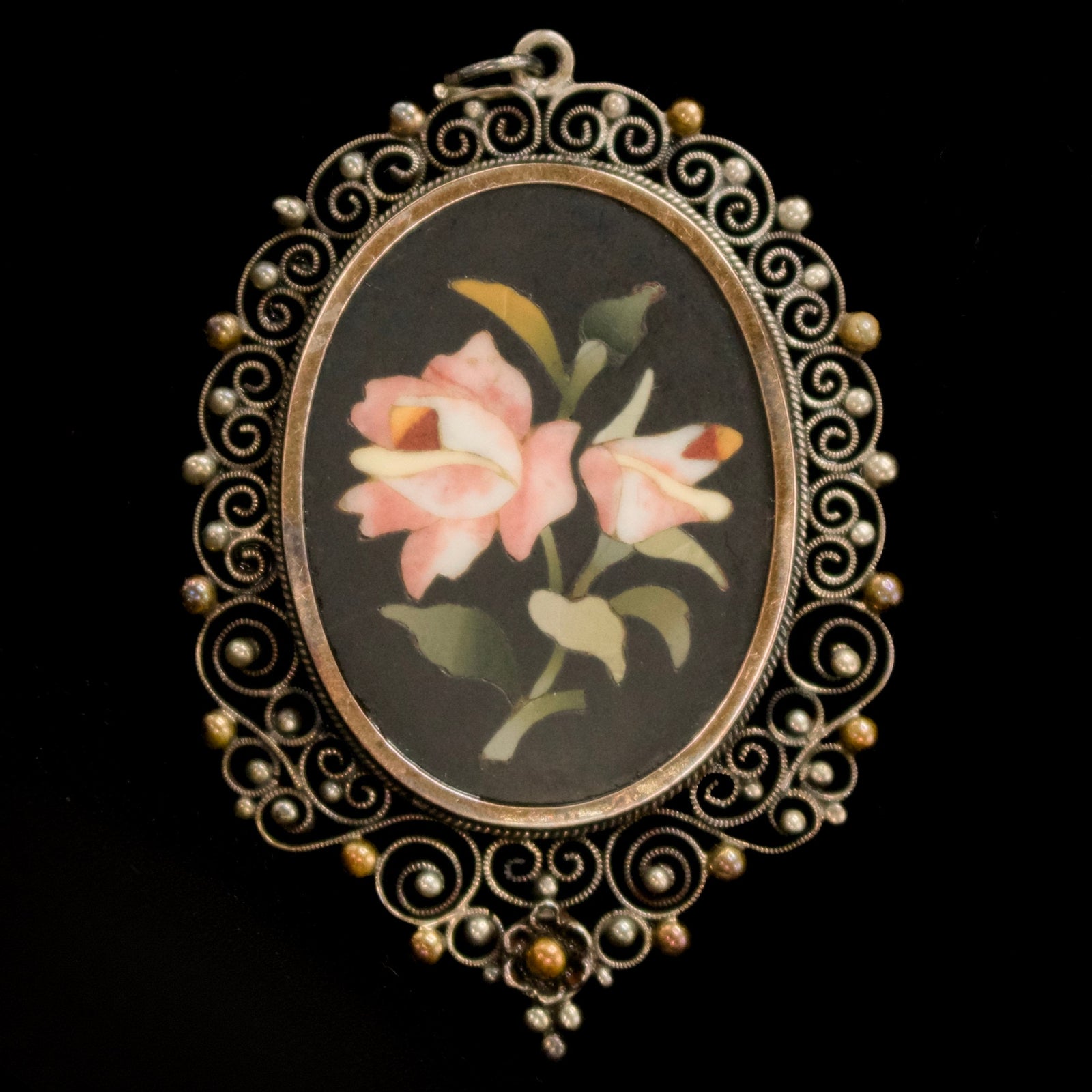 Victorian Pietra Dura Pink Flowers Pendant with Filigreed Sterling Silver Frame