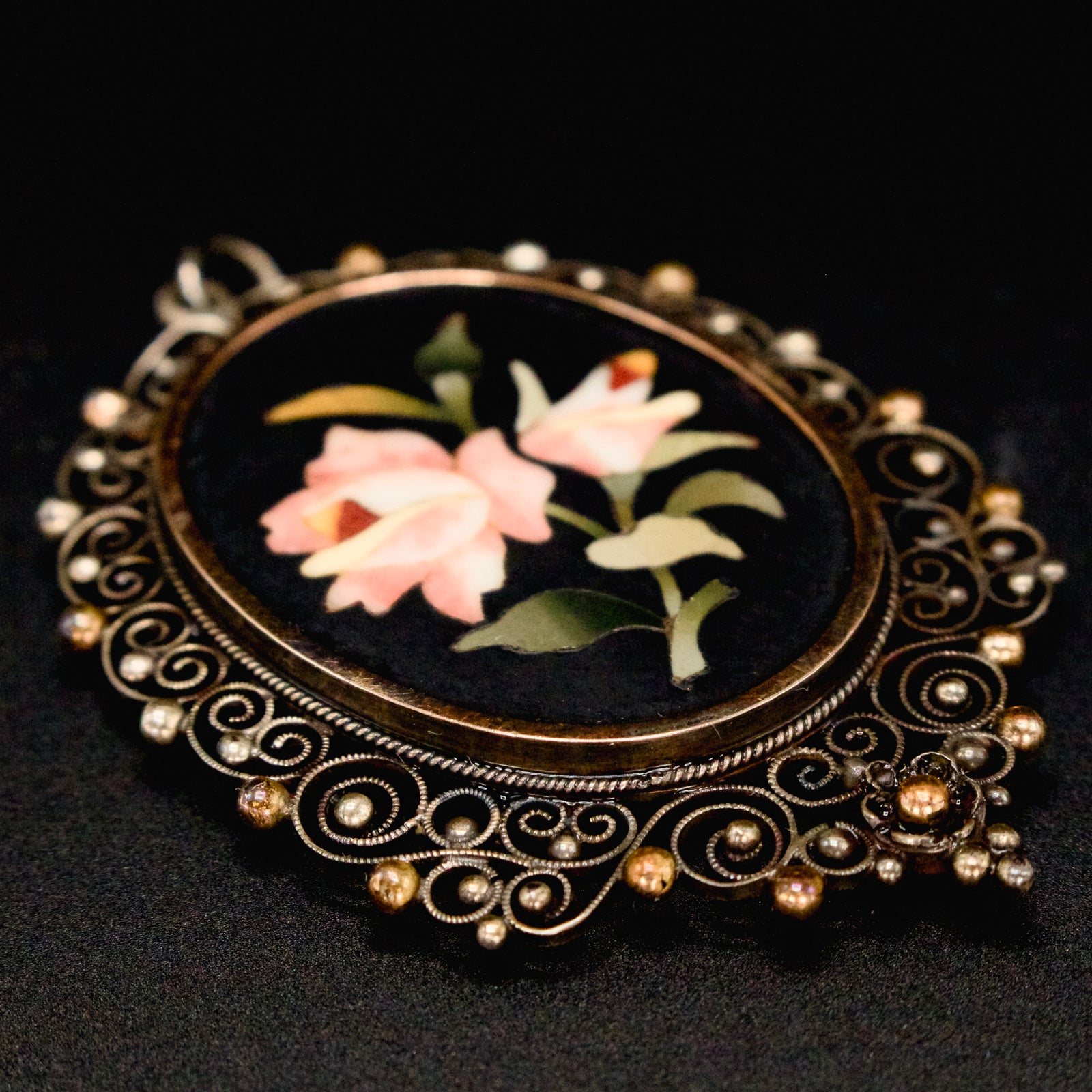 Victorian Pietra Dura Pink Flowers Pendant with Filigreed Sterling Silver Frame