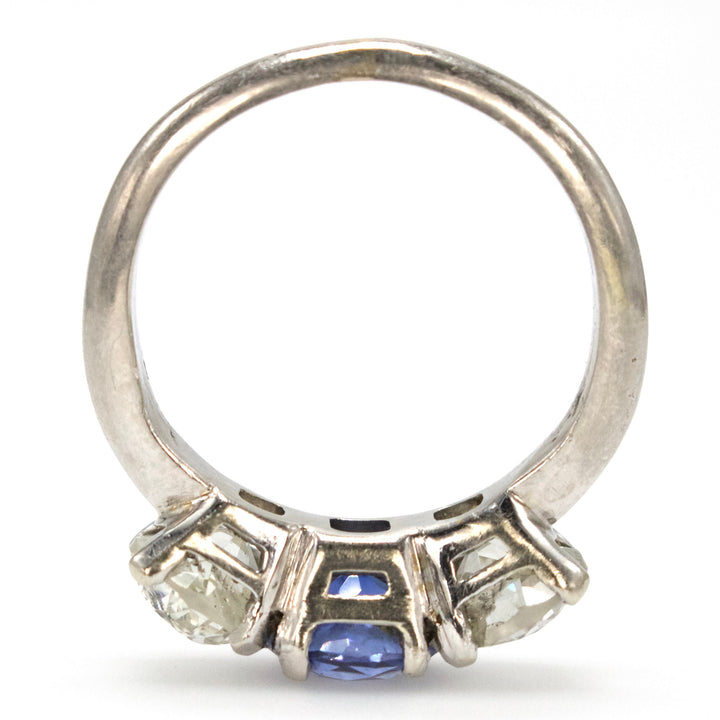 European Cut Diamond and Blue Sapphire Three Stone Ring in Platinum