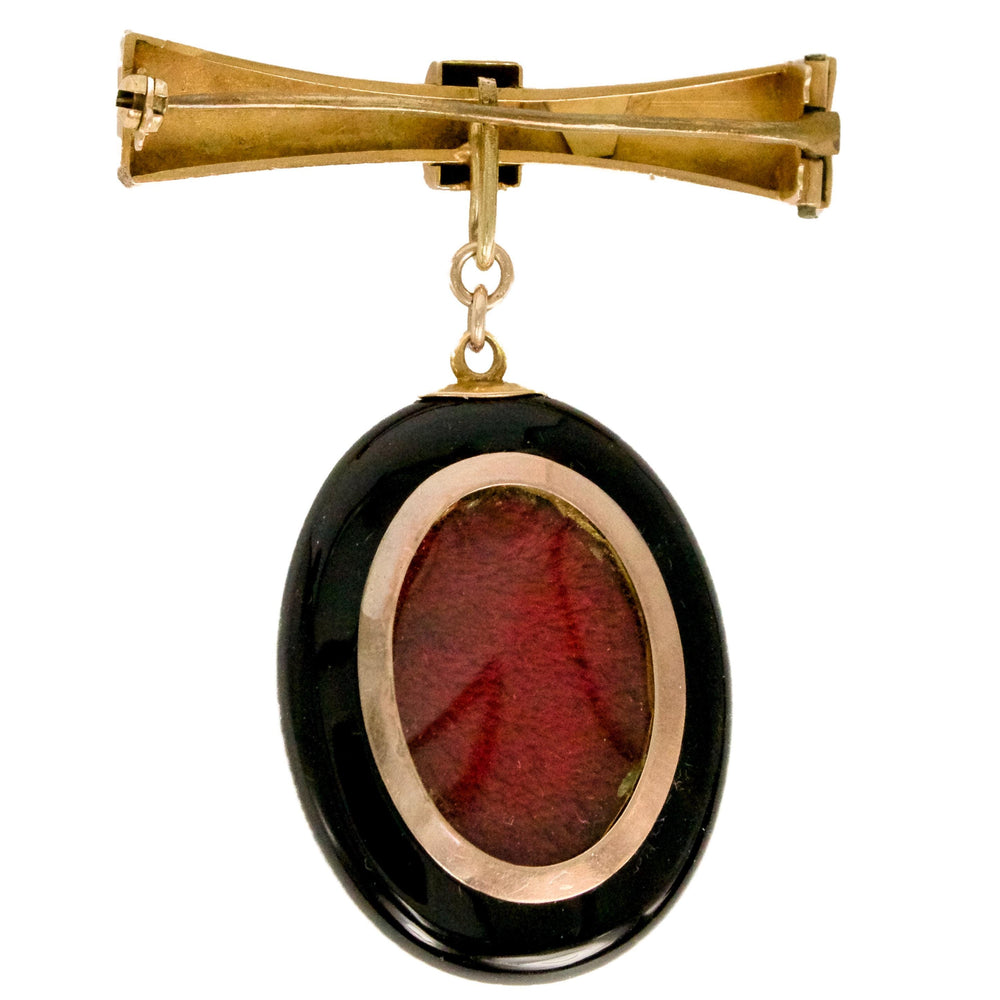 Gold Victorian Mourning Pin with Black and White Enamel and Onyx Glass Locket Pendant with Flower Motif