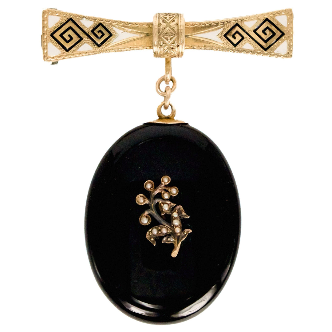 Gold Victorian Mourning Pin with Black and White Enamel and Onyx Glass Locket Pendant with Flower Motif