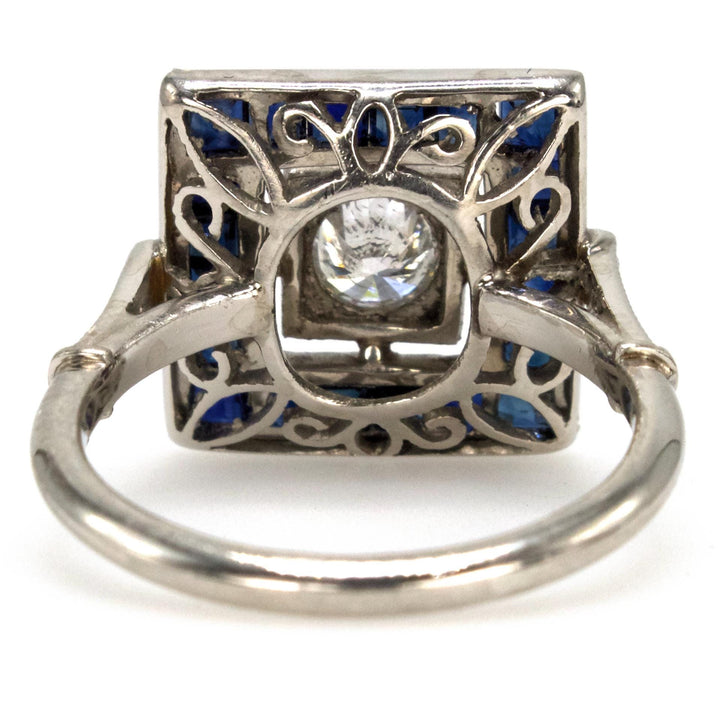 Platinum Art Deco 0.36 Carat Diamond Ring with Square Sapphire Halo