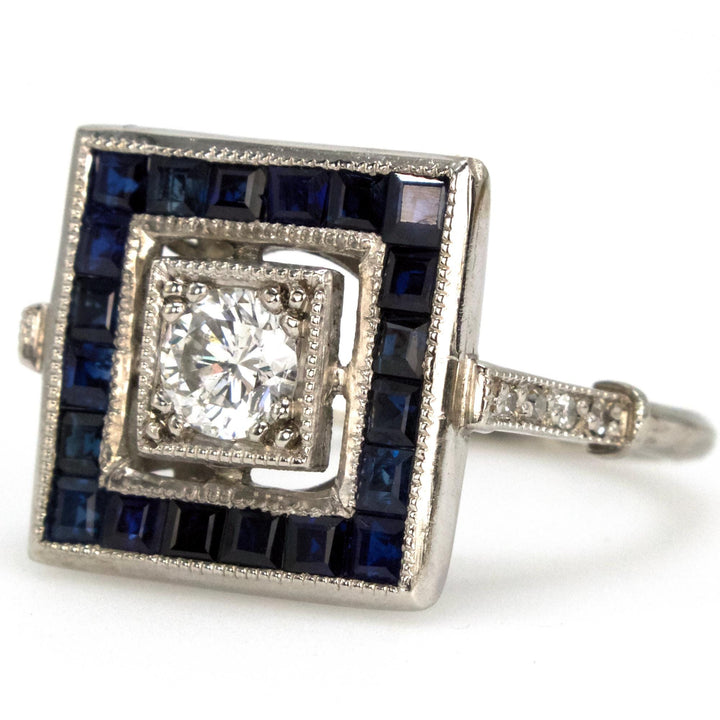 Platinum Art Deco 0.36 Carat Diamond Ring with Square Sapphire Halo