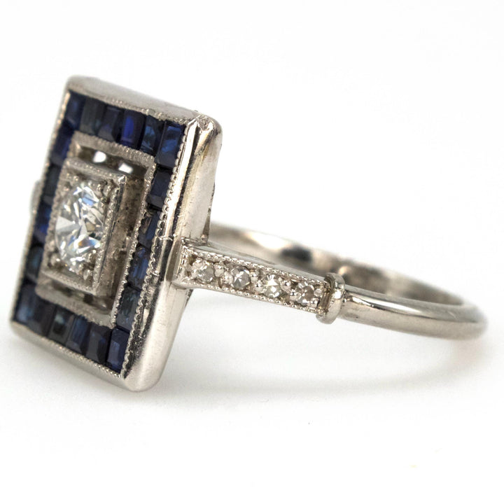 Platinum Art Deco 0.36 Carat Diamond Ring with Square Sapphire Halo