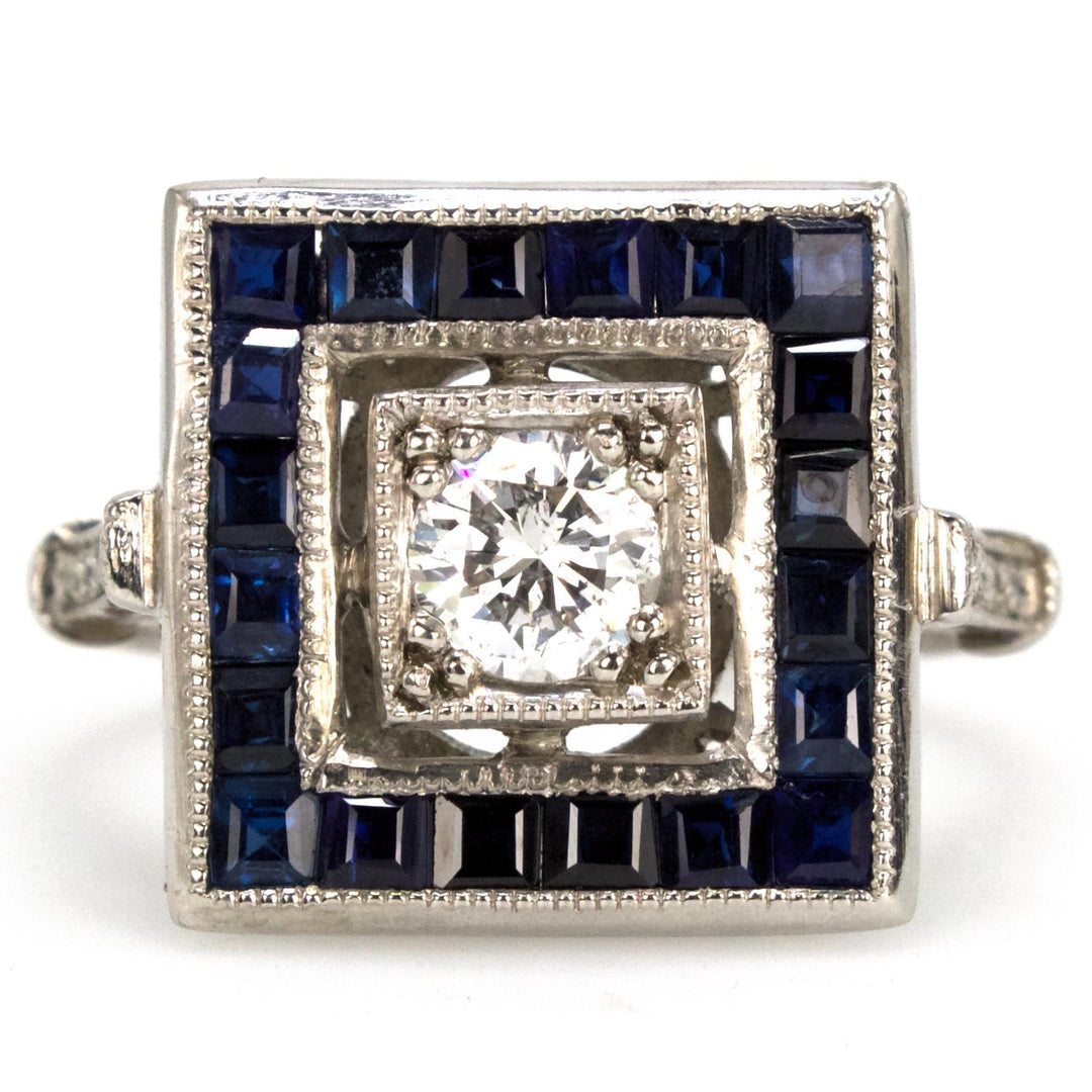 Platinum Art Deco 0.36 Carat Diamond Ring with Square Sapphire Halo