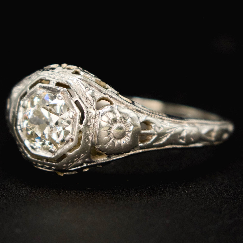 18K White Gold Art Deco 0.59 Carat European Cut Diamond Filigreed Solitaire with Floral Motif