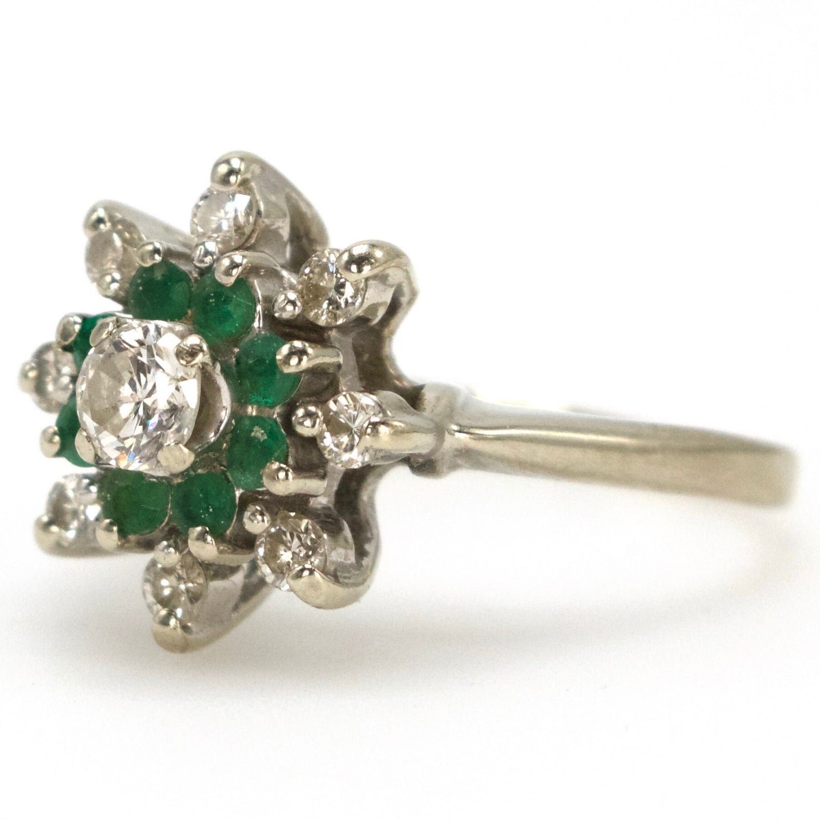 Vintage ODI White Gold Diamond and Emerald Floral Cluster Ring